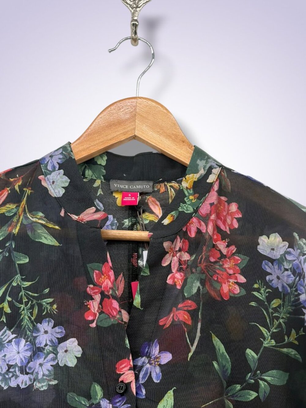 Vince Camuto Rich Black Sheer Floral Lyocell Tie Front Blouse S - Picture 4 of 6